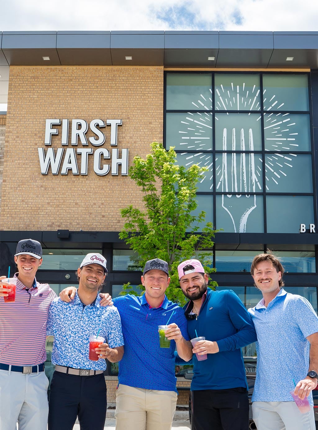 Garrett Clark, Matt Scharff, Brad Dalke, Stephen Castaneda II, & Tom “Bubbie” Broders outside First Watch