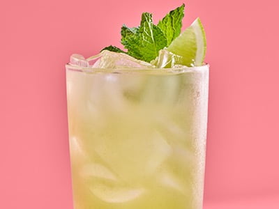 English cucumber, coconut water, lime juice, cane sugar and salt. Garnished with lime and mint.