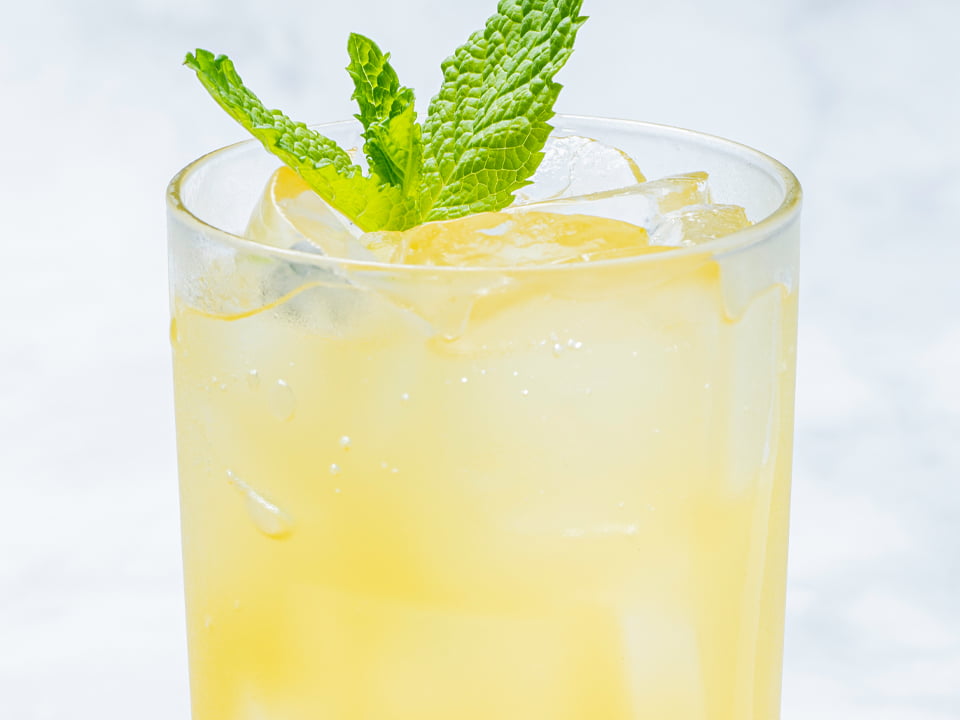 Passion fruit puree, filtered sparkling water and a mint sprig.