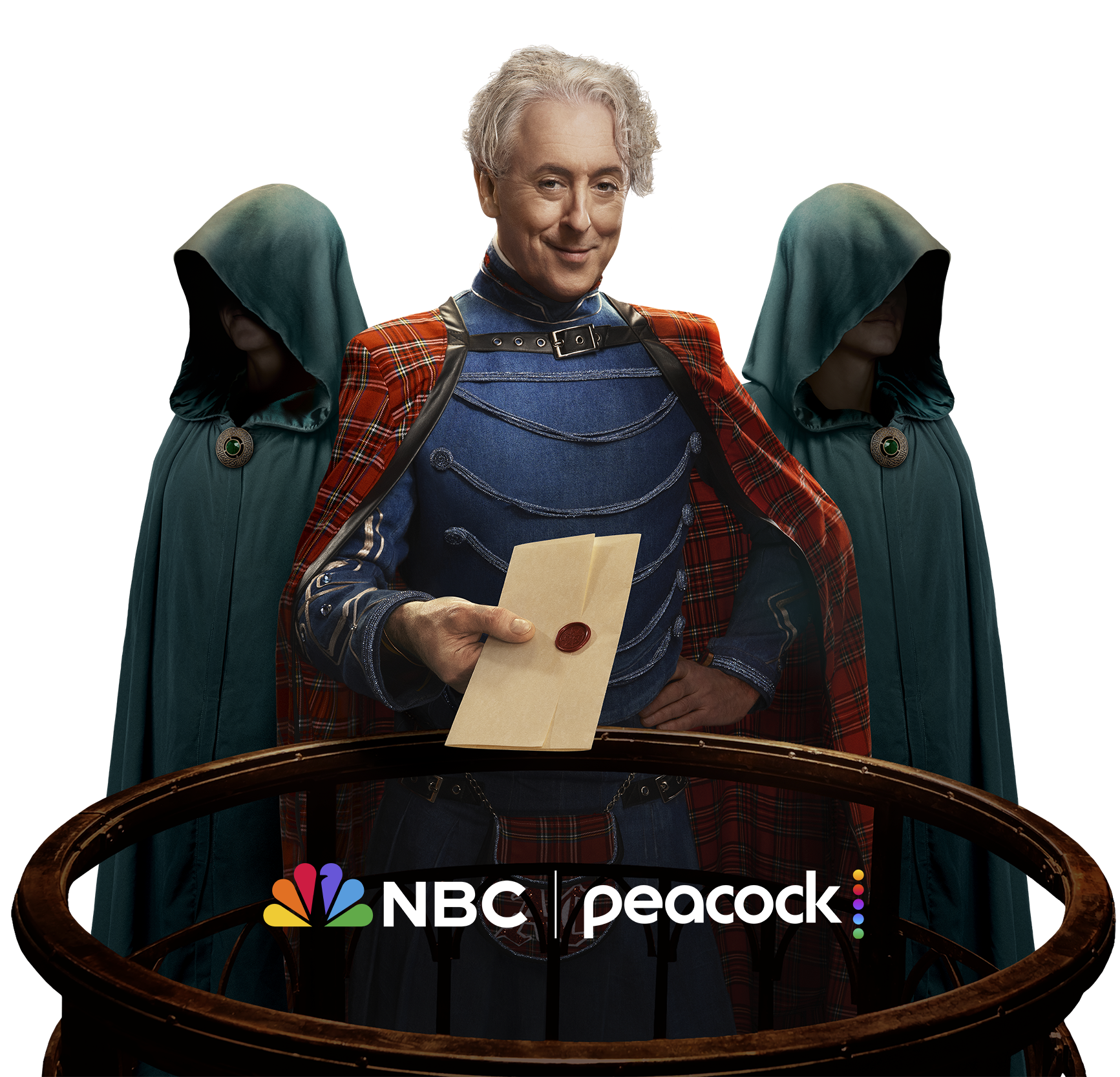 The Traitors host handing to you a wax-sealed envelope, flanked by two hooded Traitors, with the NBC and Peacock logos