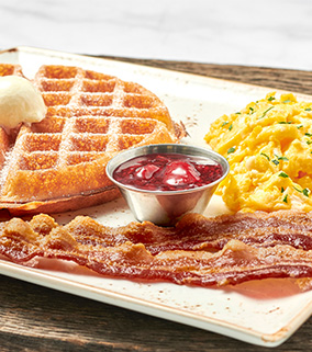 Trifecta Breakfast | Pancake or Waffle, Eggs Any Style and Your Choice of Breakfast Meat