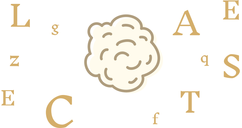 A puff of smoke surrounded by scrambled letters to unscramble for this mission (L, A, S, E, C, T), amid smaller lowercase filler letters (g, z, q, f, E)